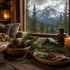 Gemütliche Berghütte mit Tannenzweigen, Zapfen, Holz und Alpenpanorama – Duftbild für das Parfümöl Mountain Lodge