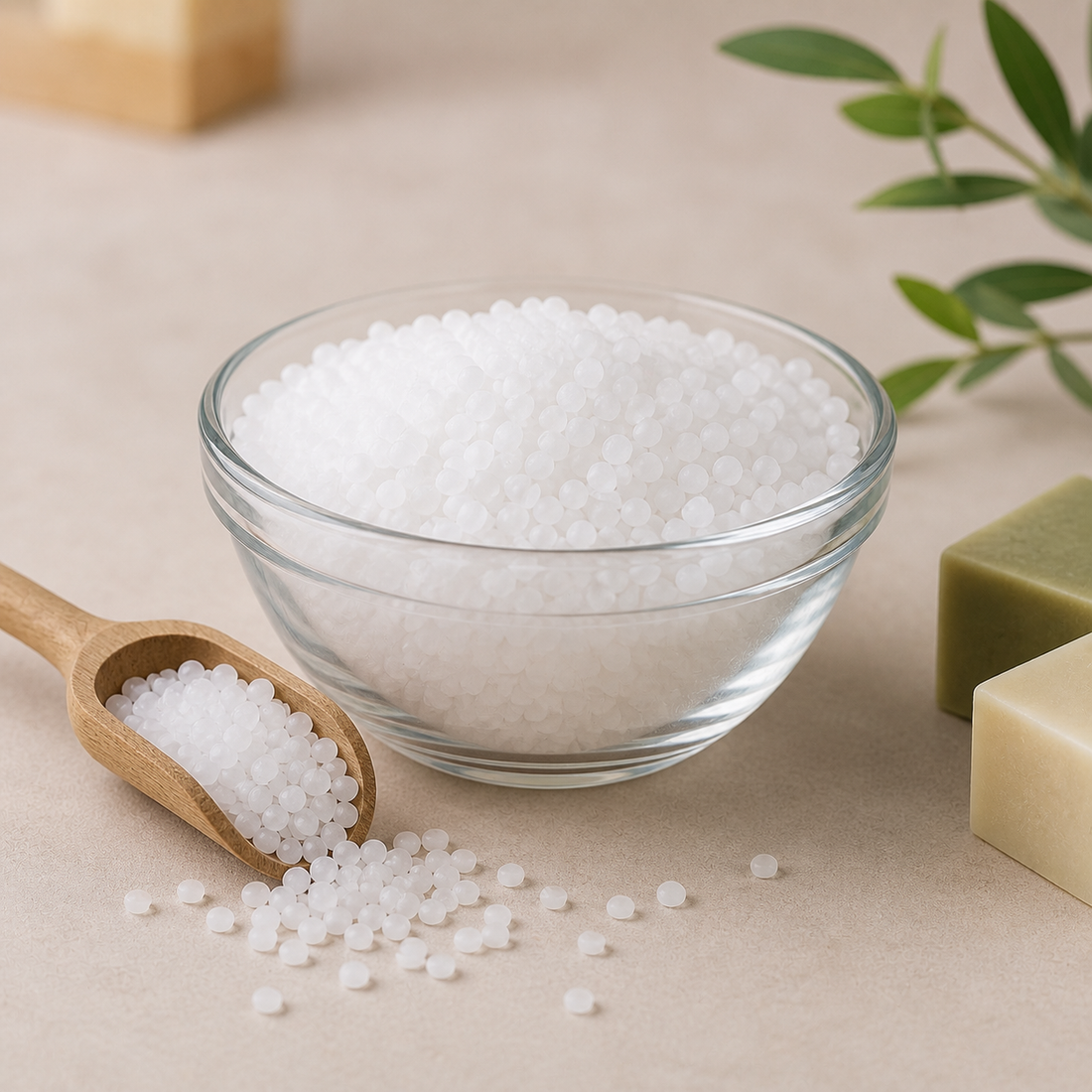 Nahaufnahme von weißen NaOH-Perlen in einer Glasschale mit Holzlöffel, passend für Natriumhydroxid zur Seifenherstellung.