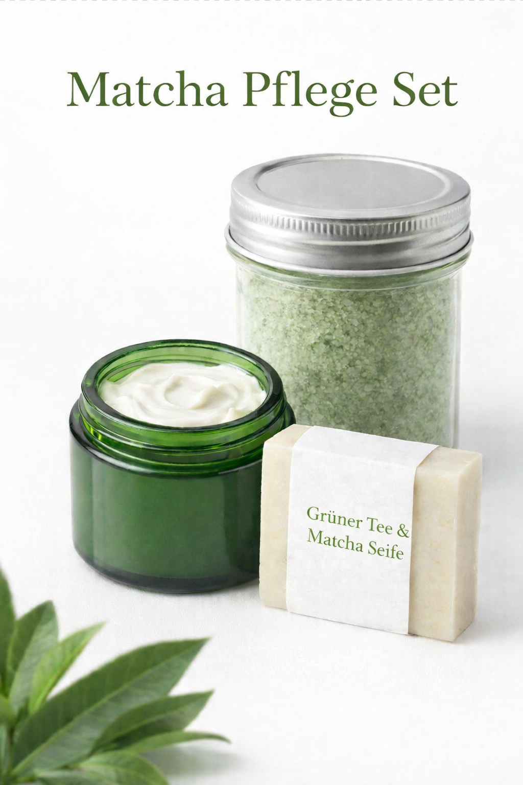 Grüner Tee Matcha Pflege Set von Eulenhof - Naturkosmetik mit Seife, Shea Gesichtsreme und Badesalz