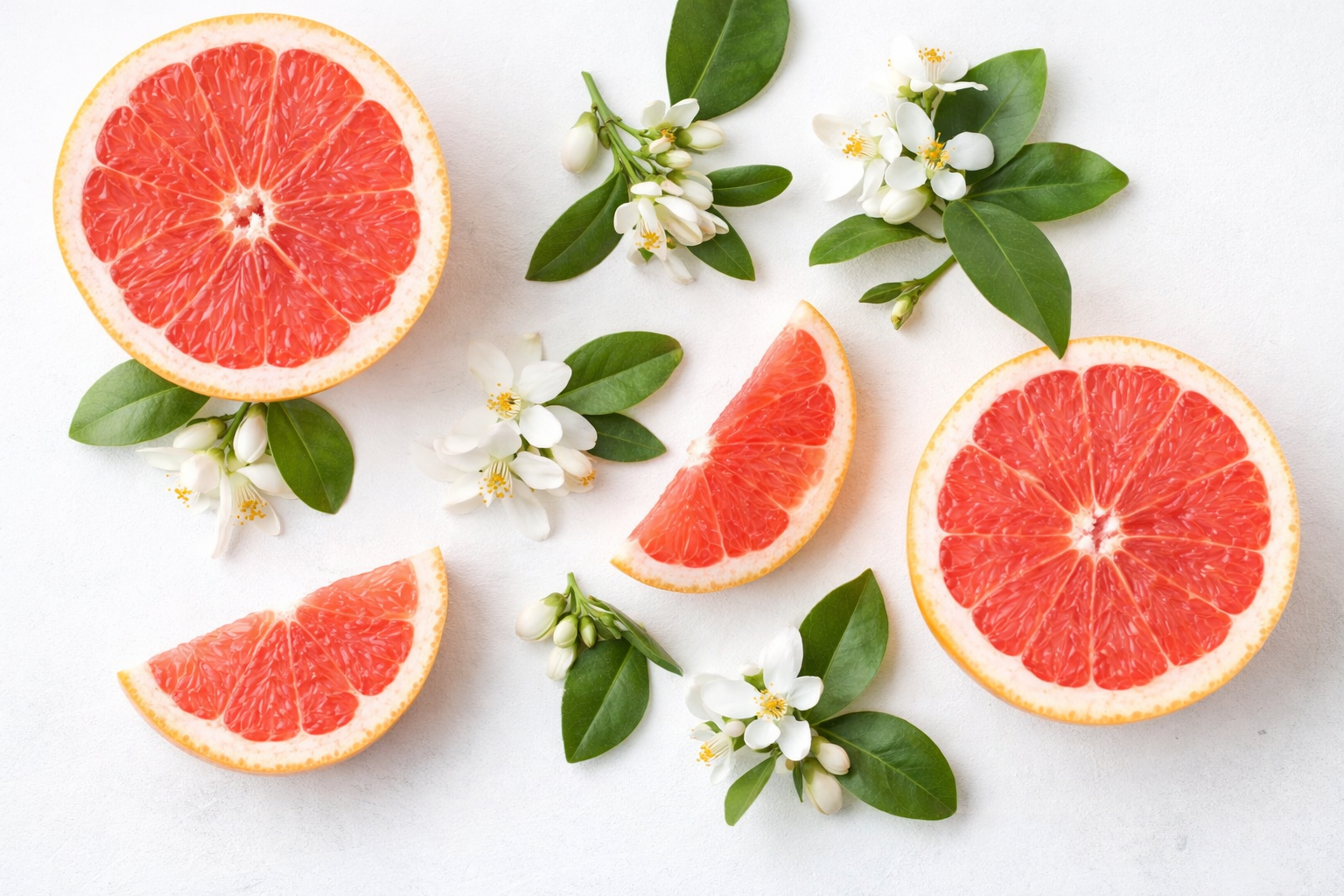 Frische pinke Grapefruitstücke und weiße Blüten auf hellem Hintergrund als Duftbild für ein fruchtig-zitrisches Parfümöl.

