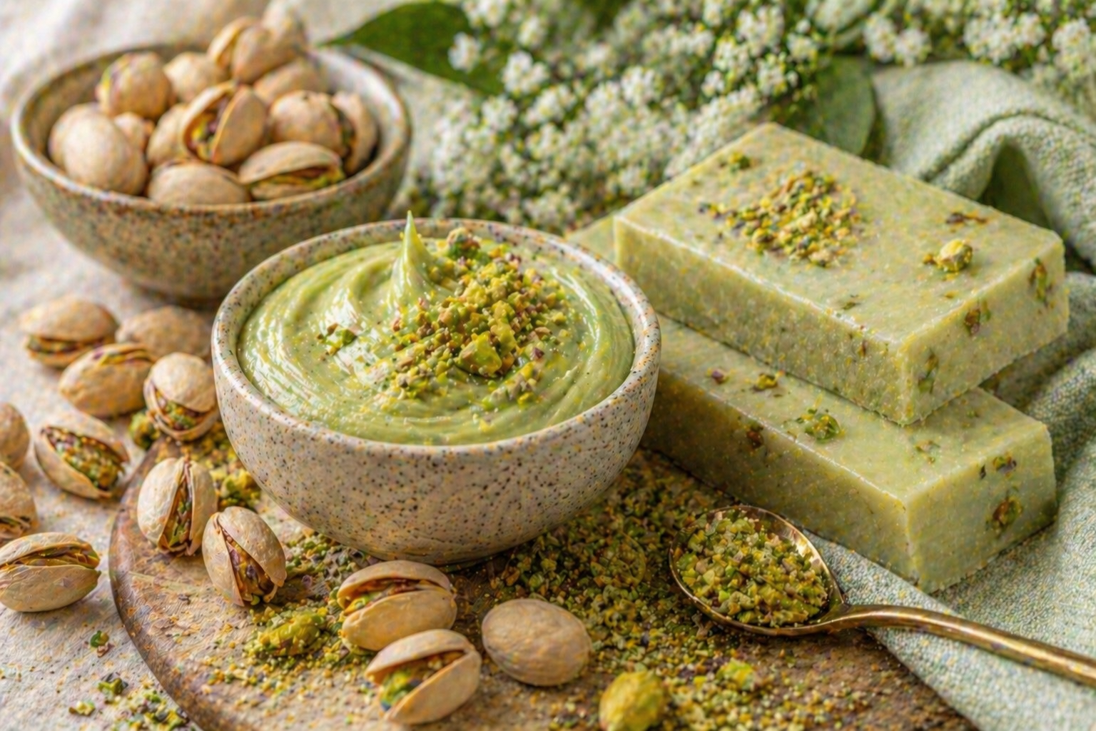 Cremiges Duftbild mit Pistazien, gehackten Pistazien und weichen grünen Nuancen auf hellem Hintergrund für Pistachio Fragrance Oil