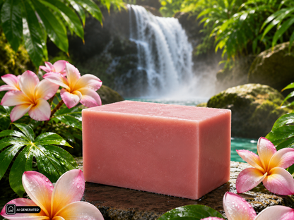 Plumeria Duschbutter 30 % RF von Eulenhof vor einem tropischen Wasserfall mit Blüten, stimmungsvolles Produktbild für hoch rückfettende Seife