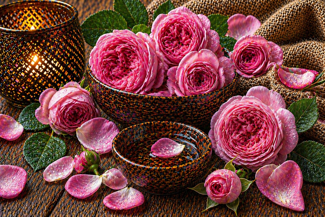 Elegantes Duftbild mit zarten rosa Damaszenerrosen und romantischer Blütenatmosphäre auf rustikalem Hintergrund für ätherisches Rose Damascena Öl