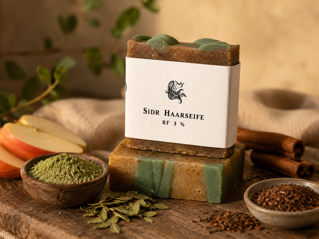 Handgefertigte Sidr-Haarseife mit Jujube-Blättern und Apfel-Zimt-Rooibos-Duft von Der Eulenhof