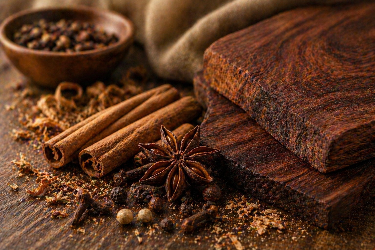 Warmes Duftbild mit dunklem Mahagoniholz, Zimt, Sternanis und Gewürzen auf dunklem Holzuntergrund für Spiced Mahogany Fragrance Oil