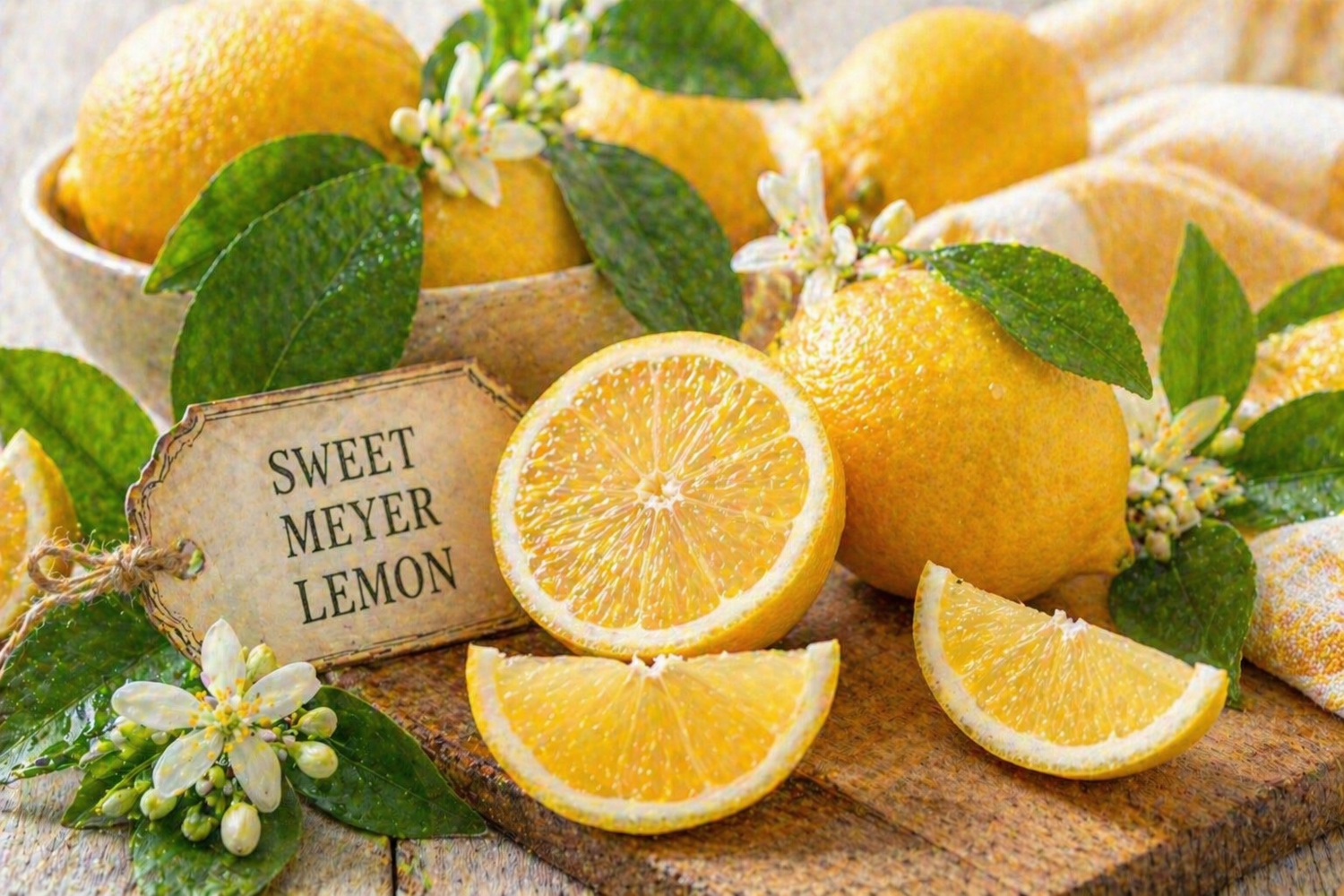 Frisches Duftbild mit Meyer-Zitronen, Zitronenscheiben, weißen Blüten und grünen Blättern auf natürlichem Hintergrund für Sweet Meyer Lemon Fragrance Oil