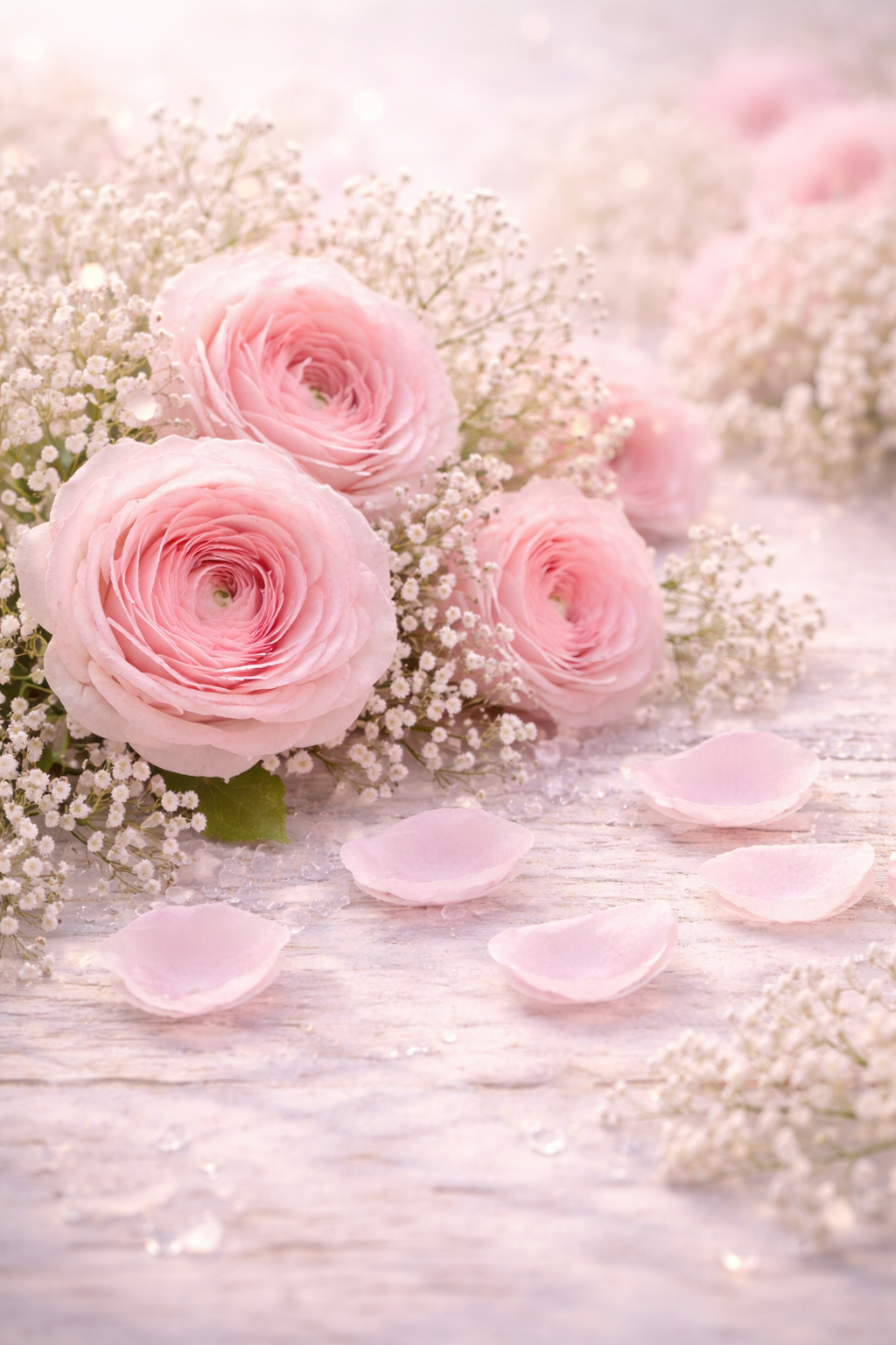 Hellrosa Teerosen mit losen Rosenblättern auf hellem Untergrund als Duftbild für ein klassich-florales Parfümöl