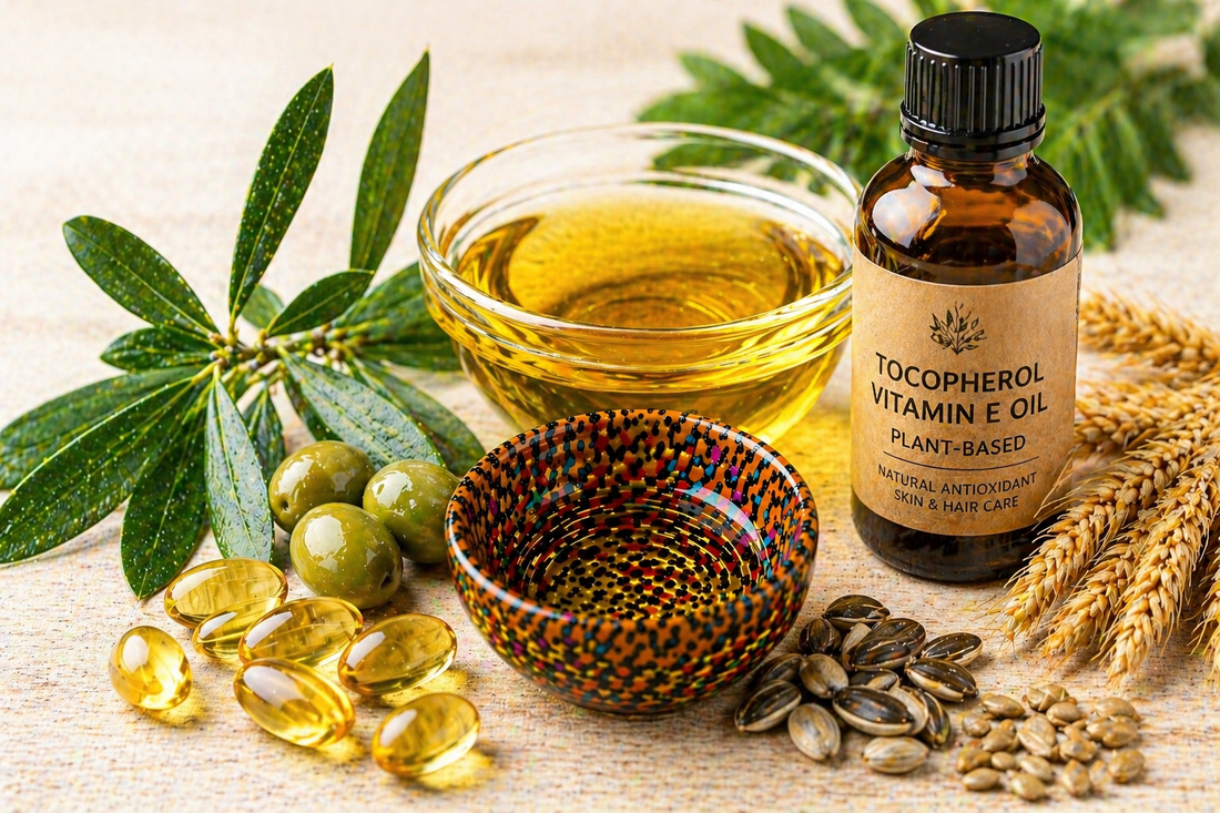 Helles Produktbild mit Tocopherol Vitamin E Öl pflanzlich in brauner Flasche, goldenem Öl, Kapseln und natürlichen Rohstoffen auf hellem Hintergrund